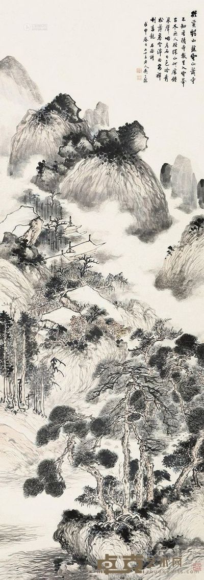 吴子深 戊申 仿黄鹤山櫵云山萧寺图 184×65cm