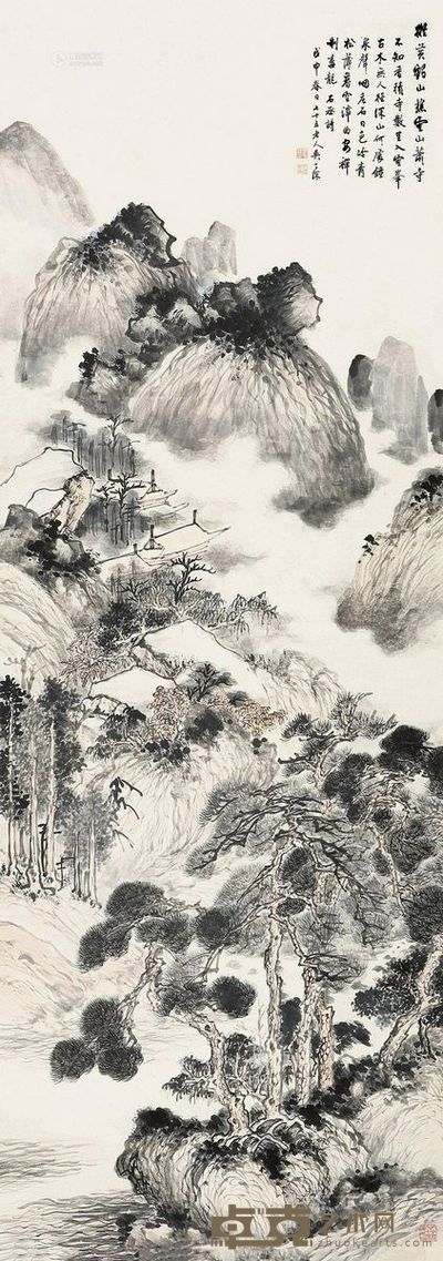 吴子深     戊申  仿黄鹤山櫵云山萧寺图 184×65cm