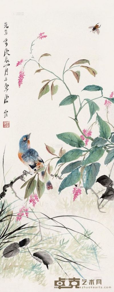 唐云       庚辰  春花鸣禽 61.5×23.5cm