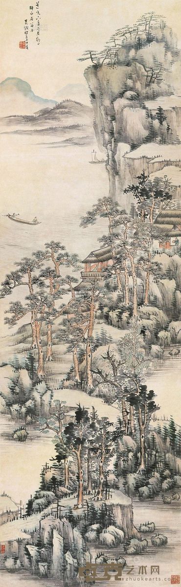 黄钺     丙戌（1826）年作 深山古屋 立轴 设色纸本 166×50.5cm