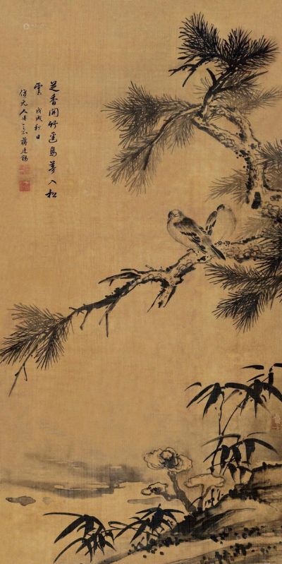 蒋廷锡     戊戌（1718）年作 松溪双禽 立轴 水墨绢本