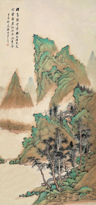 朱昂之     丁酉（1837）年作 青山古屋 立轴 设色纸本 135×62cm