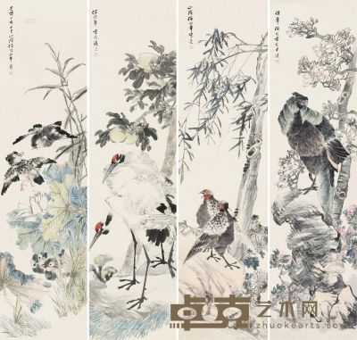 任颐     丁亥（1887）年作 花鸟 四屏 设色纸本 232.5×59cm×4