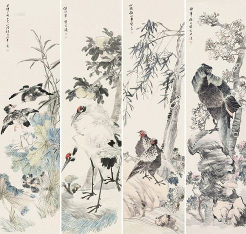 任颐     丁亥（1887）年作 花鸟 四屏 设色纸本