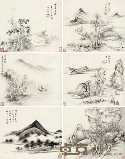 卞文瑜     庚午（1630）年作 山水集册 册页 （六开） 水墨纸本 24×28.5cm×6