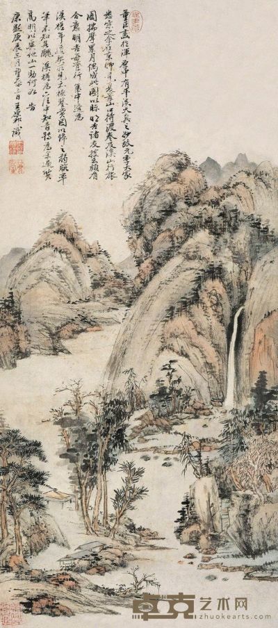 王原祁     庚辰（1700）年作 董巨笔意 立轴 设色纸本 70.5×31cm