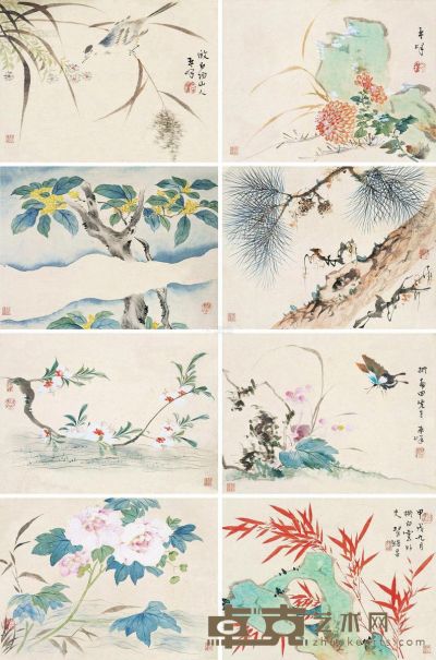 翟继昌     甲戌（1814）年作 花鸟集册 册页 （八开） 设色纸本 23×31cm×8