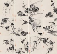 李因     壬子（1630）年作 花鸟图册 册页 （十二开） 水墨绫本