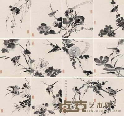 李因     壬子（1630）年作 花鸟图册 册页 （十二开） 水墨绫本 25×20cm×12