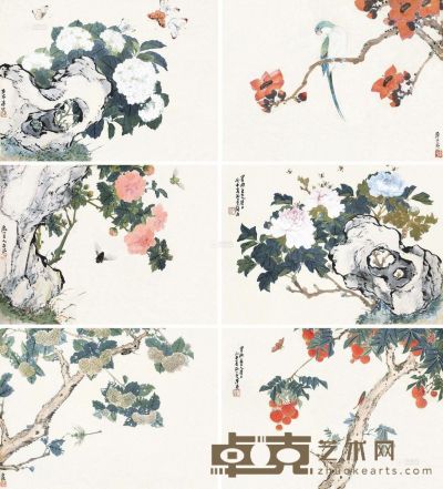 居廉     丙申（1896）年作 花虫集册 册页 （六开） 设色纸本 38×51.5cm×6