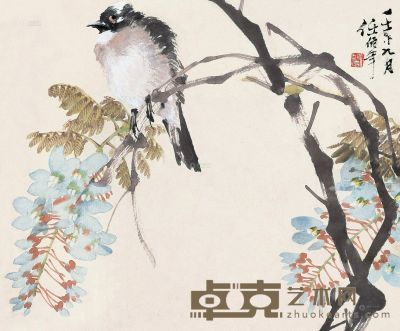 任颐     壬午（1882）年作 紫藤栖禽 立轴 设色纸本 27×32.5cm