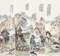 胡公寿     甲戌（1874）年作 山水 四屏 设色绢本