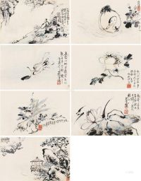 吴鹤     丙戌（1766）年作 指墨杂册 册页 （七开） 设色纸本