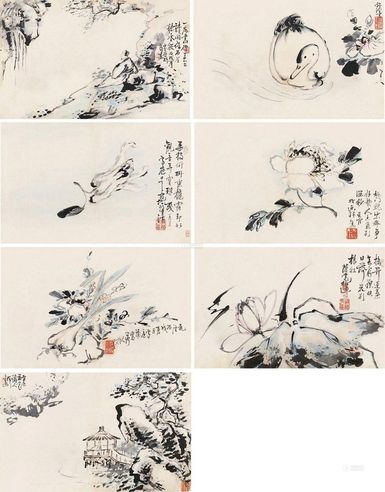 吴鹤     丙戌（1766）年作 指墨杂册 册页 （七开） 设色纸本