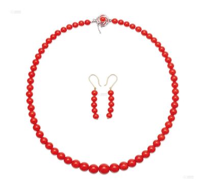 天然红色珊瑚珠项链、耳坠套装
