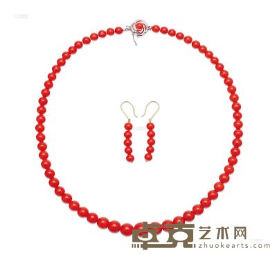 天然红色珊瑚珠项链、耳坠套装 