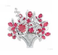 天然红宝石配钻石花束造型胸针