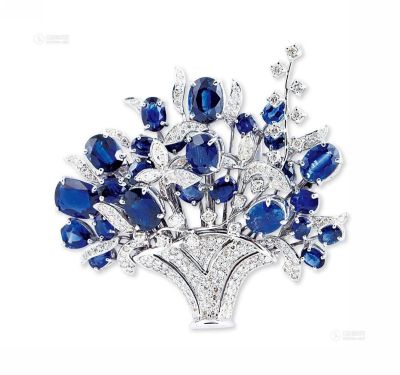 天然蓝宝石配钻石花束造型胸针