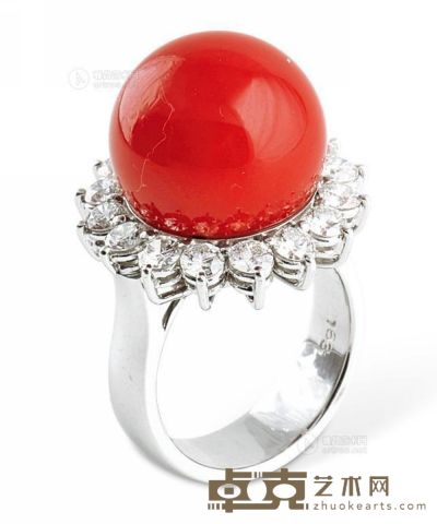 天然球形珊瑚配钻石戒指 