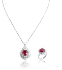 天然红宝石配钻石戒指、吊坠、项链套装