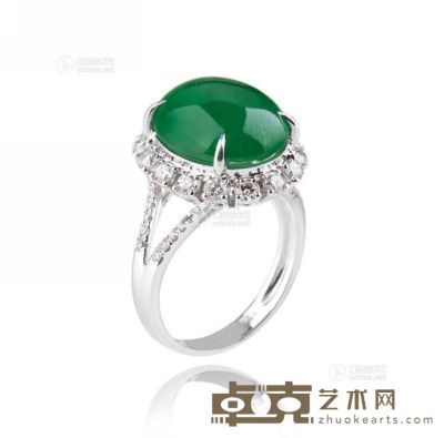 天然满绿翡翠蛋面配钻石戒指 