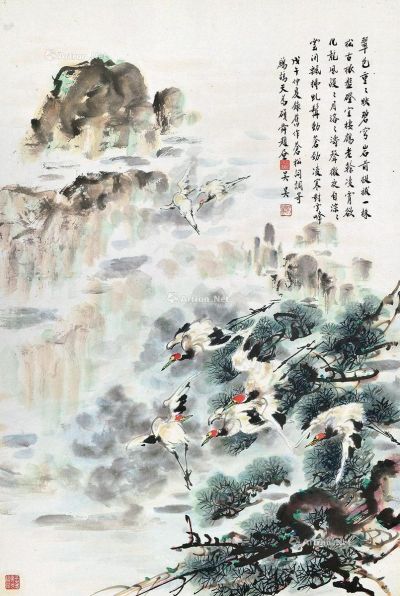 沈锡纯     1978年作 雪峰松鹤图 镜框 设色纸本