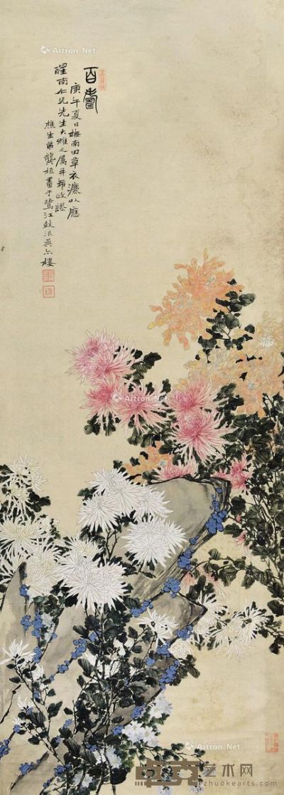 龚植     1930年作 百寿 镜片 设色绢本 141.5×51cm