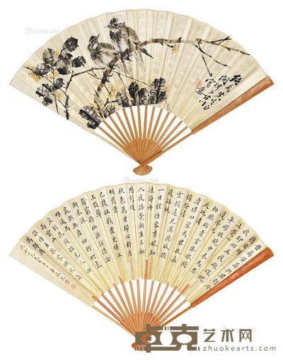 萧百川·施乾 双栖图·楷书 成扇 设色银金笺 18×48cm×2