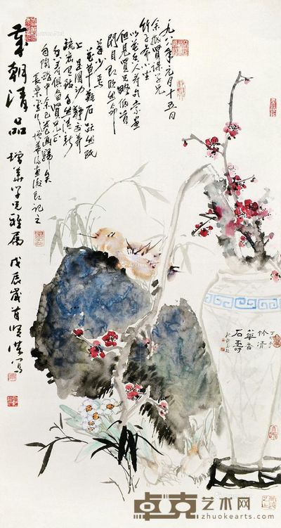 曾贤谋 1988年作 岁朝清品 镜片 设色纸本 137×69cm