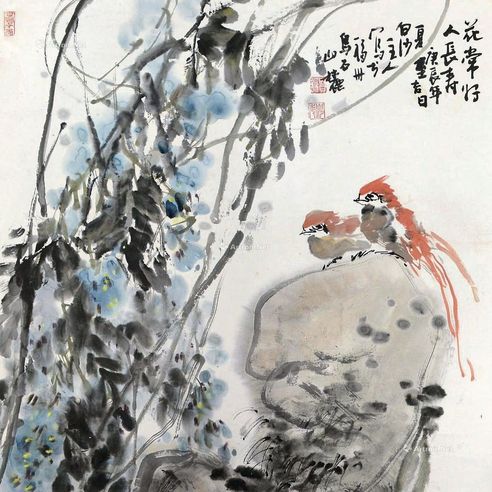 曾贤谋     2000年作 花常在人长寿 镜片 设色纸本