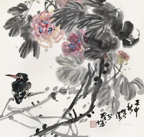 曾贤谋     1992年作 芙蓉翠鸟 镜框 设色纸本