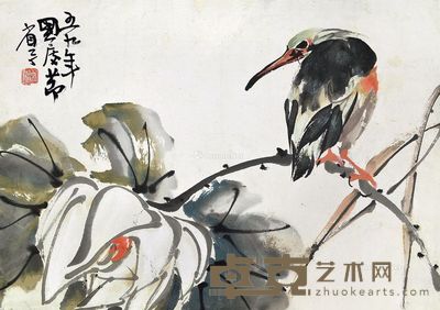 宋省予 1959年作 白荷翠鸟 镜框 设色纸本 24×34cm