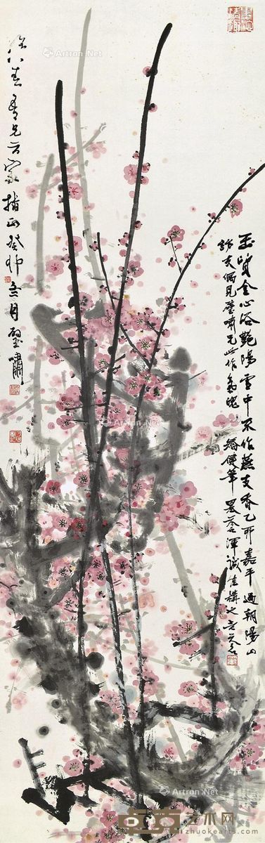 郑乃珖     1963年作 梅花 镜框 设色纸本 109×34.5cm