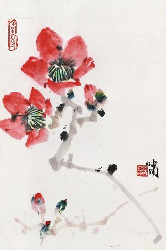 郑乃珖     英雄花 镜框 设色纸本