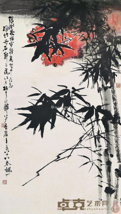 郑乃珖     1998年作 绿竹丹石 镜框 设色纸本 85×47.5cm