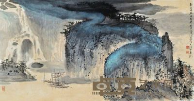 江爱松     1993年作 春日西照渔帆归 镜片 设色纸本 52×100cm