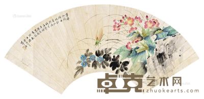 翁小海     1933年作 花鸟 扇片 设色纸本 18×51cm