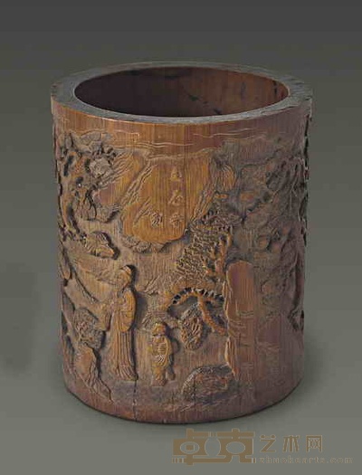 王石香竹雕笔筒 高14cm 直径12cm