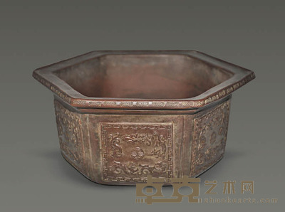 华凤翔款五龙捧寿纹六角紫砂花盆 高10cm直径22cm
