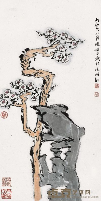陆俨少 丙寅（1986年）作 梅石图 68.5×34.5cm