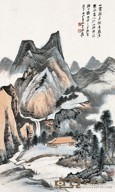 张大千 戊申（1968年）作 层峦流泉 101.5×60.5cm