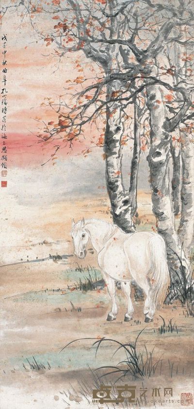 孔小瑜 戊子（1948年）作 春郊牧马 74.5×35.5cm