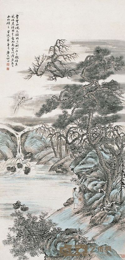 陆恢 宣统2年（1910年）作 松鹤鸣泉 131.5×63.5cm