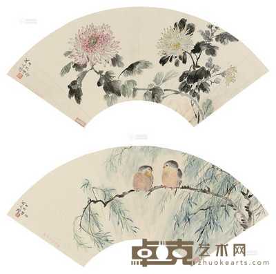 花卉 花鸟 （二帧） 扇片 设色纸本 18×51cm×2