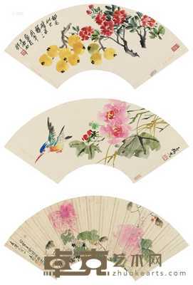 花果 花鸟 花卉 （三帧） 扇片 设色纸本 18×51cm×3