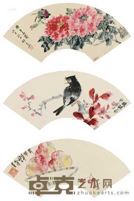 花卉 花鸟 樱桃 （三帧） 扇片 设色纸本 18.5×51cm×2；18.5×52cm