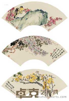 花鸟寿石 花卉 花卉 （三帧） 扇片 设色纸本 18.5×51cm×2；18×50.5cm