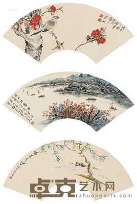 花鸟 秋山红树图 春江水暖 （三帧） 扇片 设色纸本 18×51cm×2；14×43cm