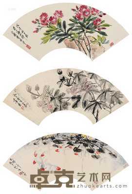 花卉 花卉 金鱼 （三帧） 扇片 设色纸本 18×50.5cm；16×47cm；18.5×52cm