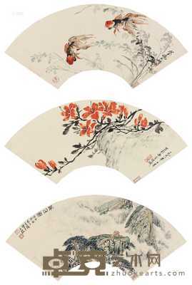 金鱼 花卉寿石 华山图 （三帧） 扇片 设色纸本 18×51cm×2；18.5×51cm